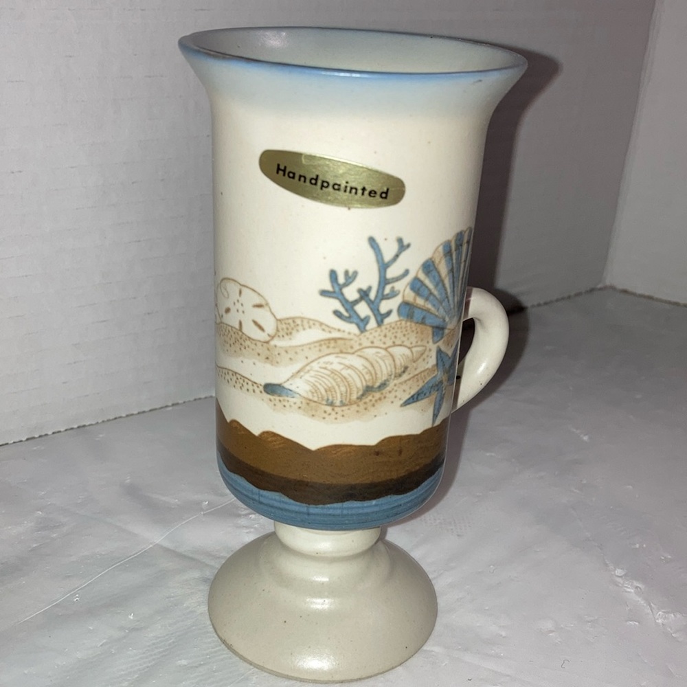 Otagiri Hand Crafted Seashell Beach Design Stoneware Pedestal Mug Hand Painted